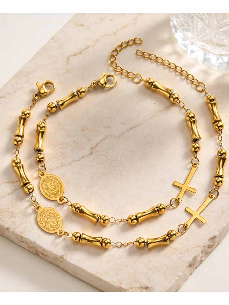 Saint Benedict Rosary Bracelet Bamboo Bead Design 18K Gold Plated Stainless Steel Cross Adjustable Catholic Jewelry