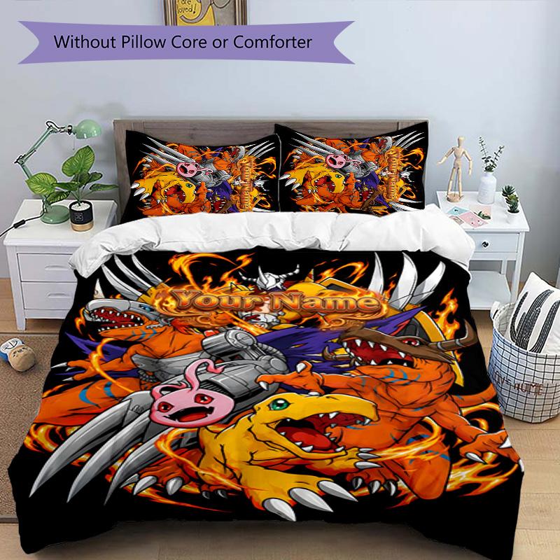 3pcs Digimon Cover Set - Personalized Name, HD Printed Bedding with 1 Cover and 2 Pillowcases - Perfect for Home Decor, Easy Care