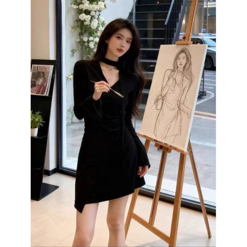 

Waist pleated polished skirt temperament small irregular high-end V-neck dress S