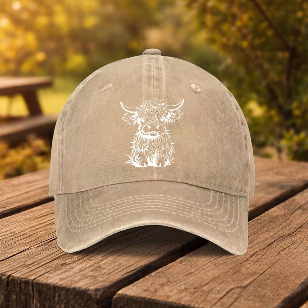 Highland Cow Print Baseball Cap Washed Denim Adjustable Outdoor Casual Fashion Hat