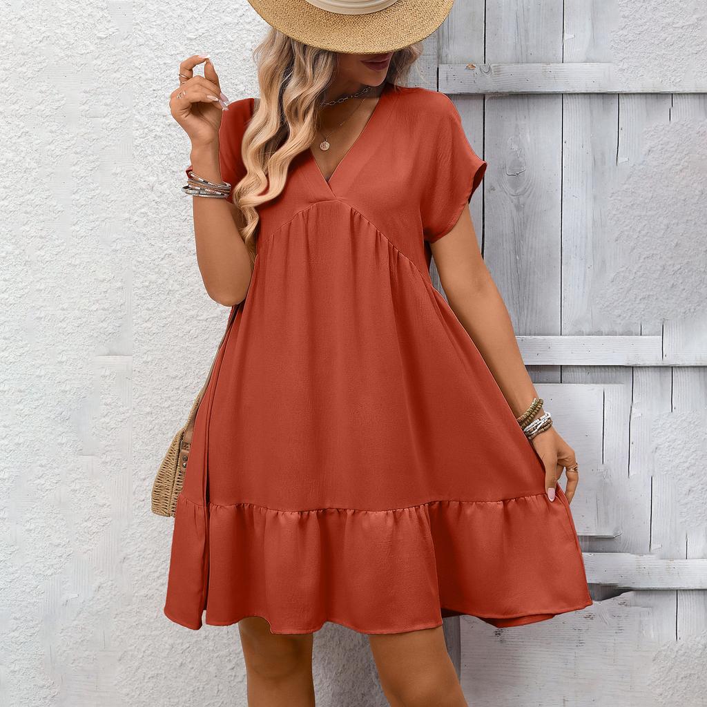 Women's Fashionable Solid Color V-neck Short Sleeved Ruffled Holiday Loose Dress