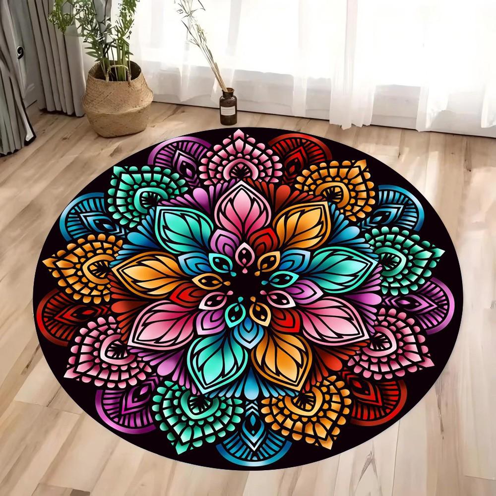 Colorful 3D Mandala Mystery Chakra Print Round Rug Meditation and Yoga Non-Slip Machine Washablefor Bedroom and Living Room