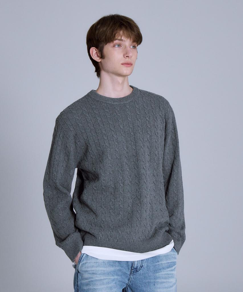 BASIC HOUSE Cable Round Neck Knit Melange Grey Lykt7101