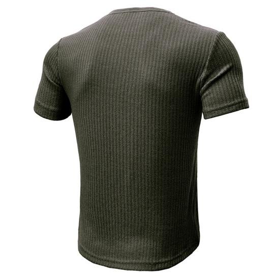 Letní pánské tričko s krátkým rukávem, knoflíkovým výstřihem do V, jednobarevné, žebrovaně pletené, pružné, slim fit, americký styl, pro svalovce, fitness, cvičební top