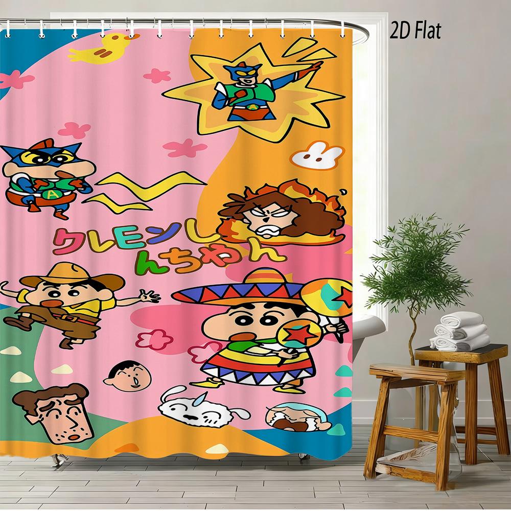 Crayon Shin-Chan & Friends & Shiro & Strange Creature On Green Grass Scene 2D Print Waterproof Shower Curtain, Bright Green Bath