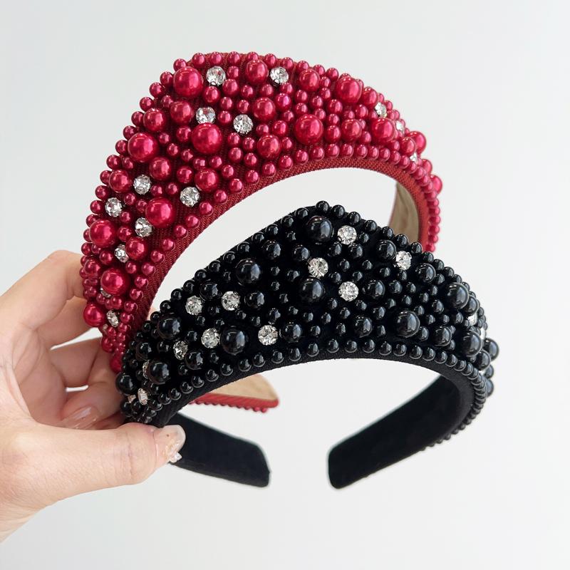1Pcs Crystal Hairbands Luxurious Pearl Headbands Vintage Beaded Sponge Hair Hoop Handmade Anti-Slip Rhinestone Tiara Bridal