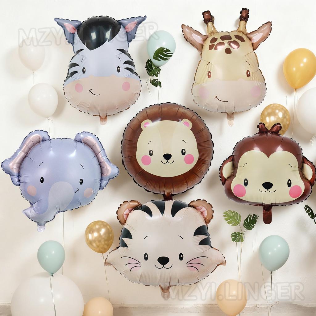 6pcs Cartoon Matte Animal Aluminum Film Balloon Tiger Lion Elephant Giraffe Balloon Forest Theme Party Birthday Party Decoration
