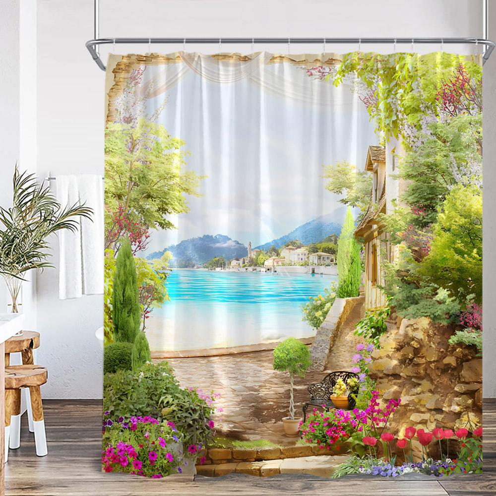 Garden Shower Curtain Arch Door Fence Vines Flowers European Garden Bathroom Decorations Landscape Bath Curtain With Hooks