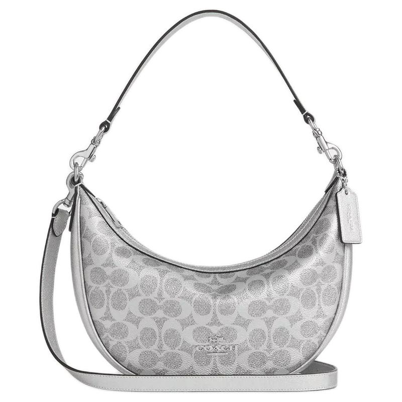 

COACH Aria 26 Silver Metallic Leather Handbag Medium Women Gray срібний