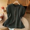Women Dark Green Linen Blend Blouse With Ruffled Round Neck And Orange Button Front Casual Summer Top