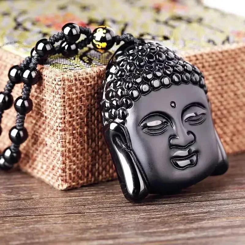 Obsidian Buddha Head Lucky Amulet Pendant Tathagata Buddha Blessing Necklace Religious Buddhist Jewelry Men and Women Gifts