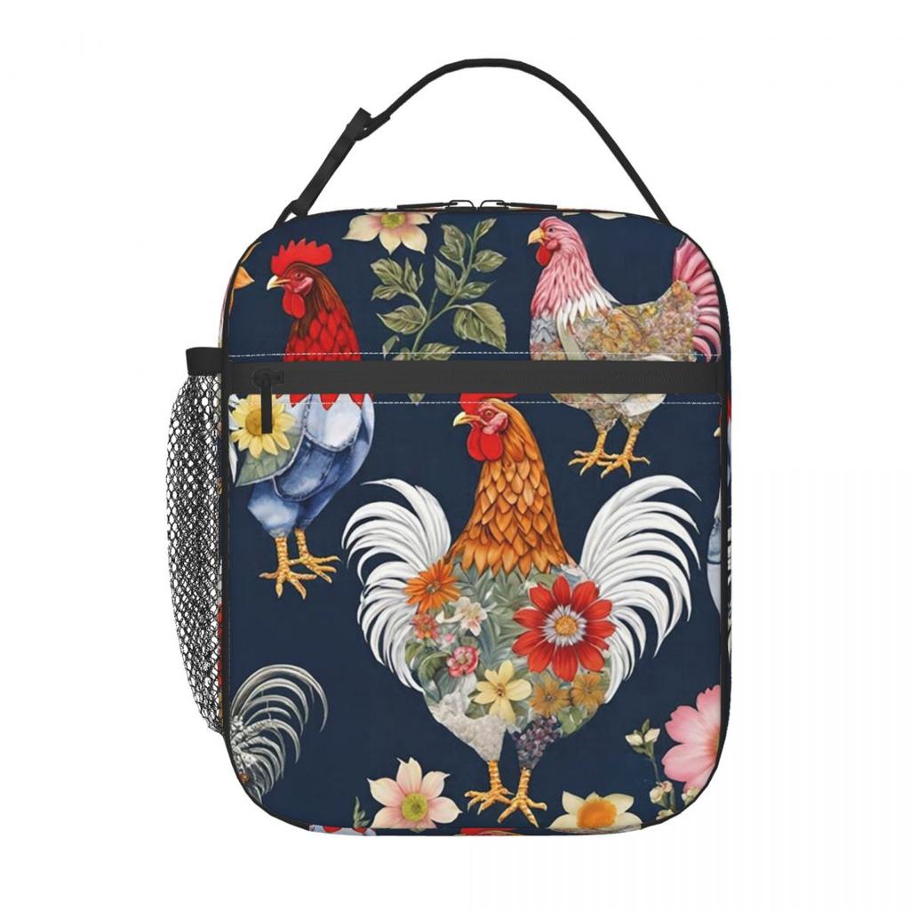 Chic Chick And Floral Pattern Insulated Lunch Bag for Women Children Portable Food Boxes Thermal Lunch Box Tote