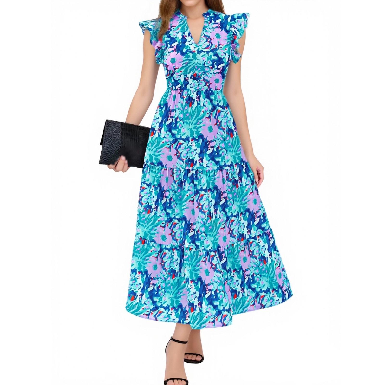 

Женское платье средней длины с V-образным вырезом, плиссировкой и рукавами-крылышками M синий