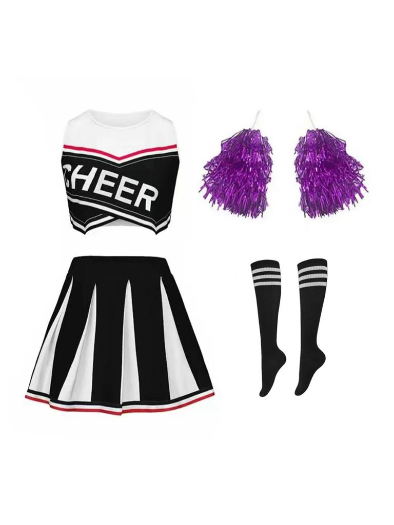 Women Girl Cheerleading Costume Sleeveless Dress Hand Flower With Stockings Dance Costume Set Schoolgirl Cheerleading Dance Suit