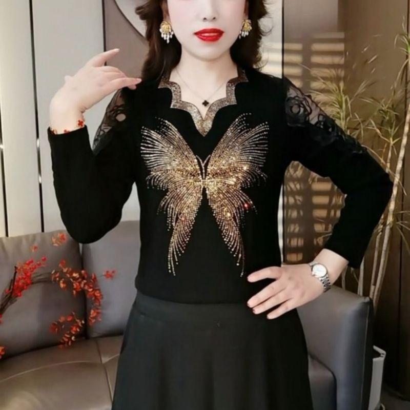 Autumn Women's V-Neck T-Shirt Printed Rhinestone Hollow Slim Fit Soft Stretch T-Shirt