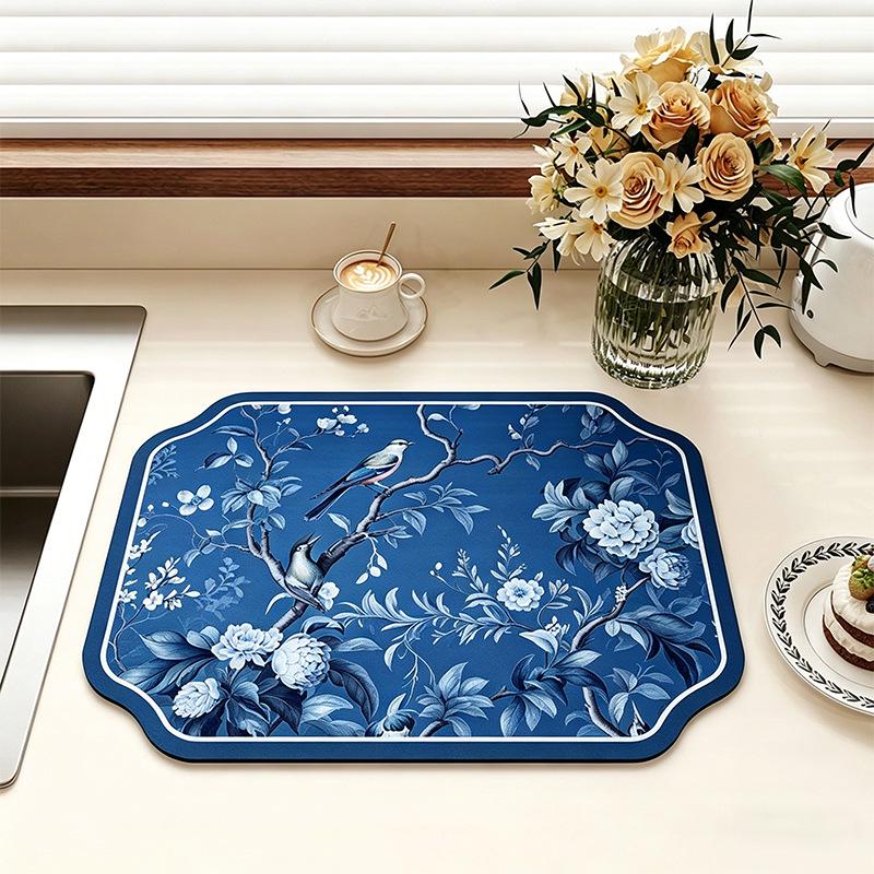 Chinese-Style Irregular Flower & Bird Diatom Mud Coffee Mat: Stain-Resistant, Easy-Clean, Non-Slip Kitchen Draining Mat