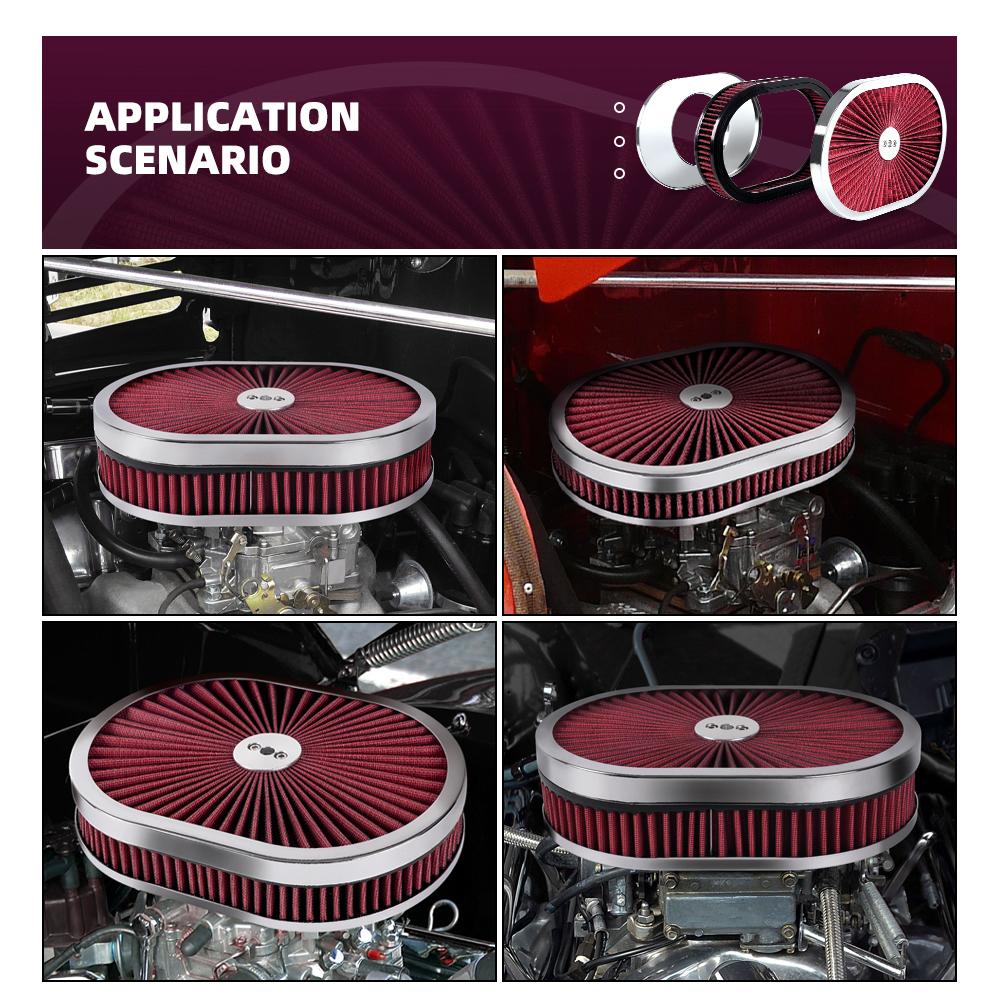 High Flow Chrome 12'x2' Oval Air Cleaner Filter Assembly 5-1/8' Carb Neck W/ Flow-Thru Lid for GMC Chevy Ford Chryler Dodge