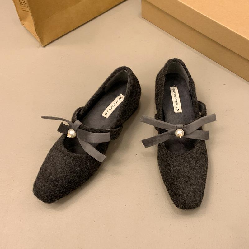 Bogen grauwollene Einzelschuhe Damen Winterwollschuhe tragen sanfter Feenwind dicker Absatz Innenhöhe Mary Jane Schuhe