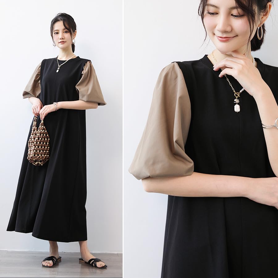 Minax Long Short Crew Puff Stretch Perfect for Commuting or Going Stylish Women's Dress, Spring/Summer, Sleeve, Neck, Sleeves, Figure-Flattering,