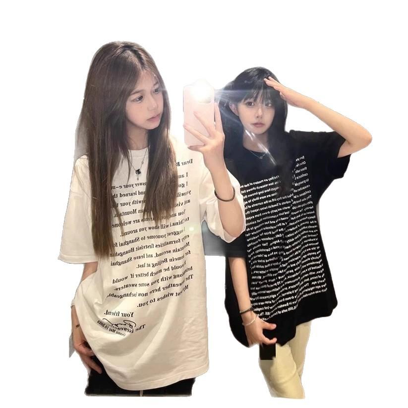 American English printed short-sleeved t-shirt women's summer hiphop trendy high street loose couple half-sleeved top