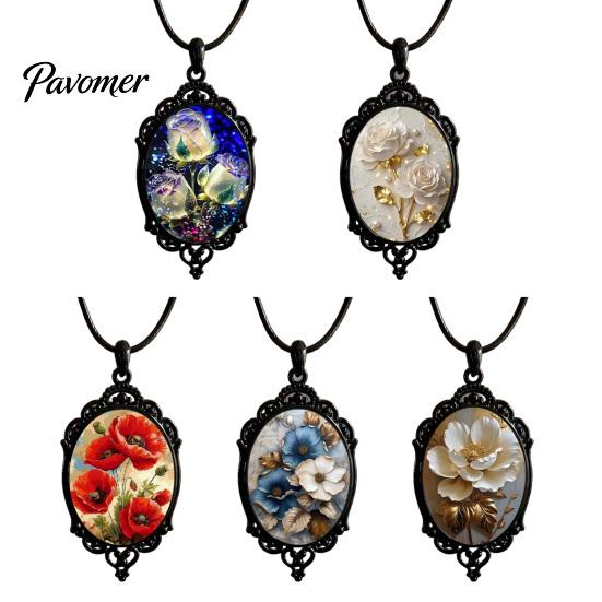 Whimsical Garden Party Accessories Oval Floral Pendant Necklace, Vintage Glass Dome Rose Retro Black Metal Jewelry Adjustable Cord for Women