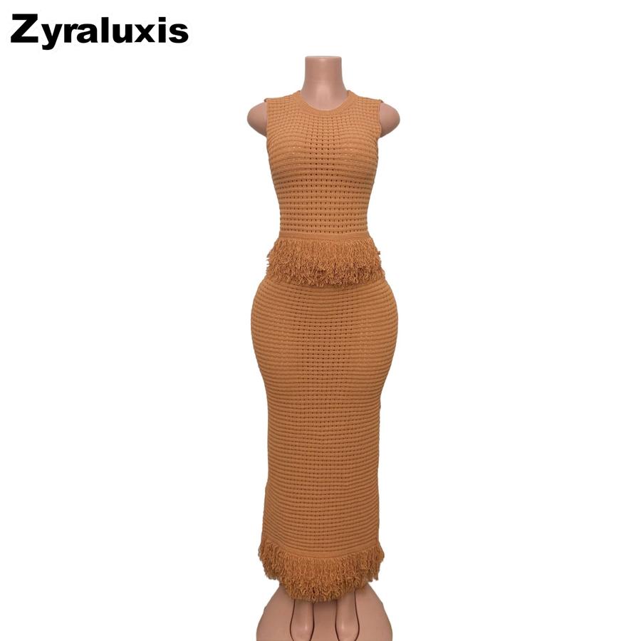 Neues gehäkeltes Fransen-Set Damen Ärmelloses High-Neck-Top + Bodycon-Langrock Zweiteiliges Outfit