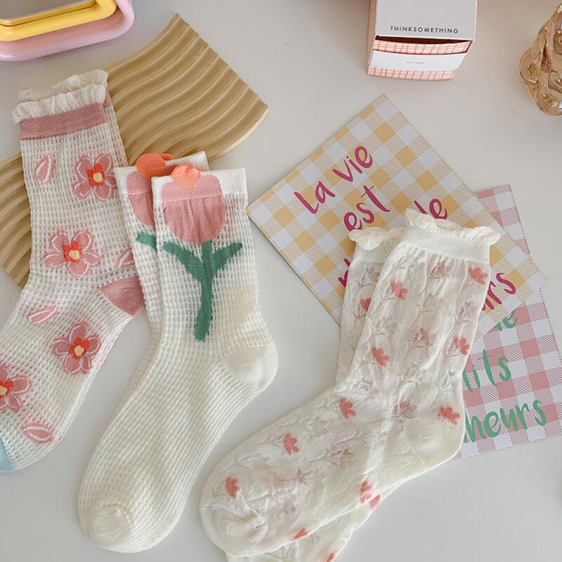 Aurora See-Through Flower Pastel Lace Colored Mock Socks 6-piece set