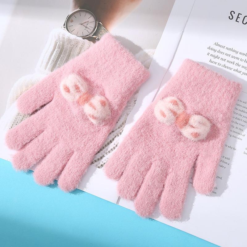 New girls knitted children's thermal gloves winter thickened bow jacquard five fingers cycling homework full finger