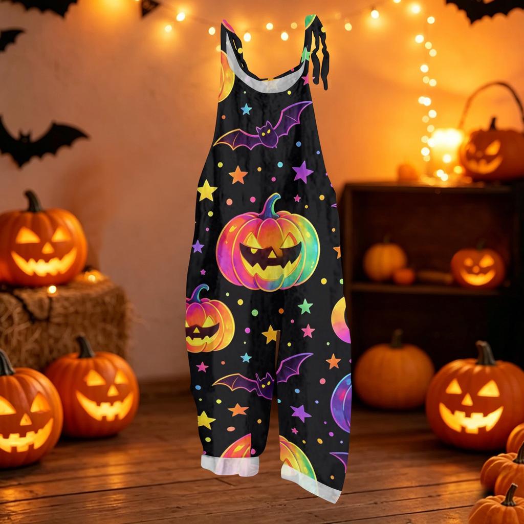 Women Casual Loose Fit Jumpsuit Halloween Print Vintage Style Sleeveless Overalls Cotton Linen Fabric Comfortable Design