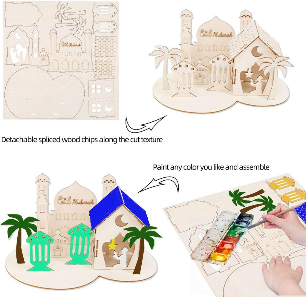 1set Islamic Castle Table Ornaments Eid Mubarak Wooden DIY Puzzle for Home Decoration 2026 Ramadan Muslim Party Supplies Gifts