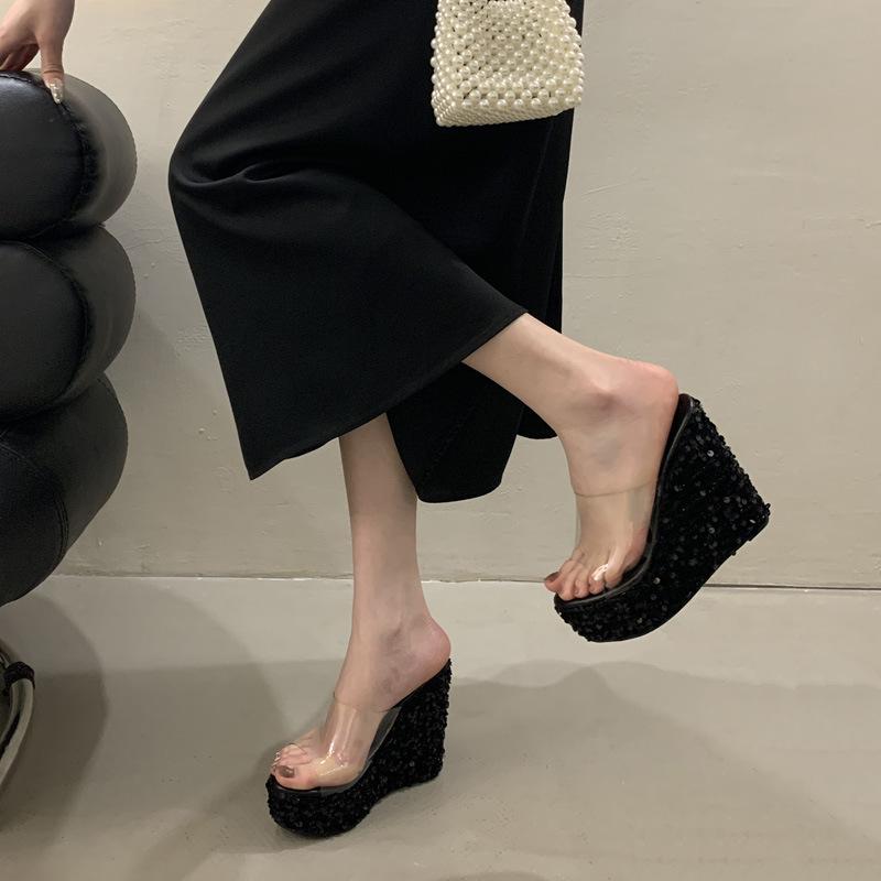 Fashion Sequined Wedge Slippers Super High Heels Transparent One-word Wear Fish Mouth Open-toed Sandals Women's Shoes