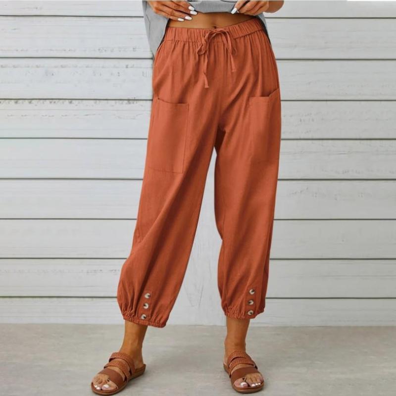 Summer Women's Pants Loose High Waist Button Cotton Linen Pants Nine-point Pants Wide Leg Pants EMA
