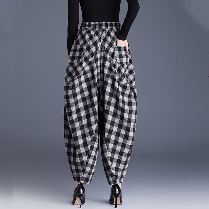 cotton plus size vintage plaid high waist casual loose spring autumn Pants Women Loose Casual Trousers