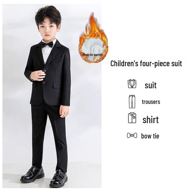 Boy's Formal Ensemble: Fleece White Shirt, Black Suit Pants, Vest, Page Boy Overalls, Performance Costume