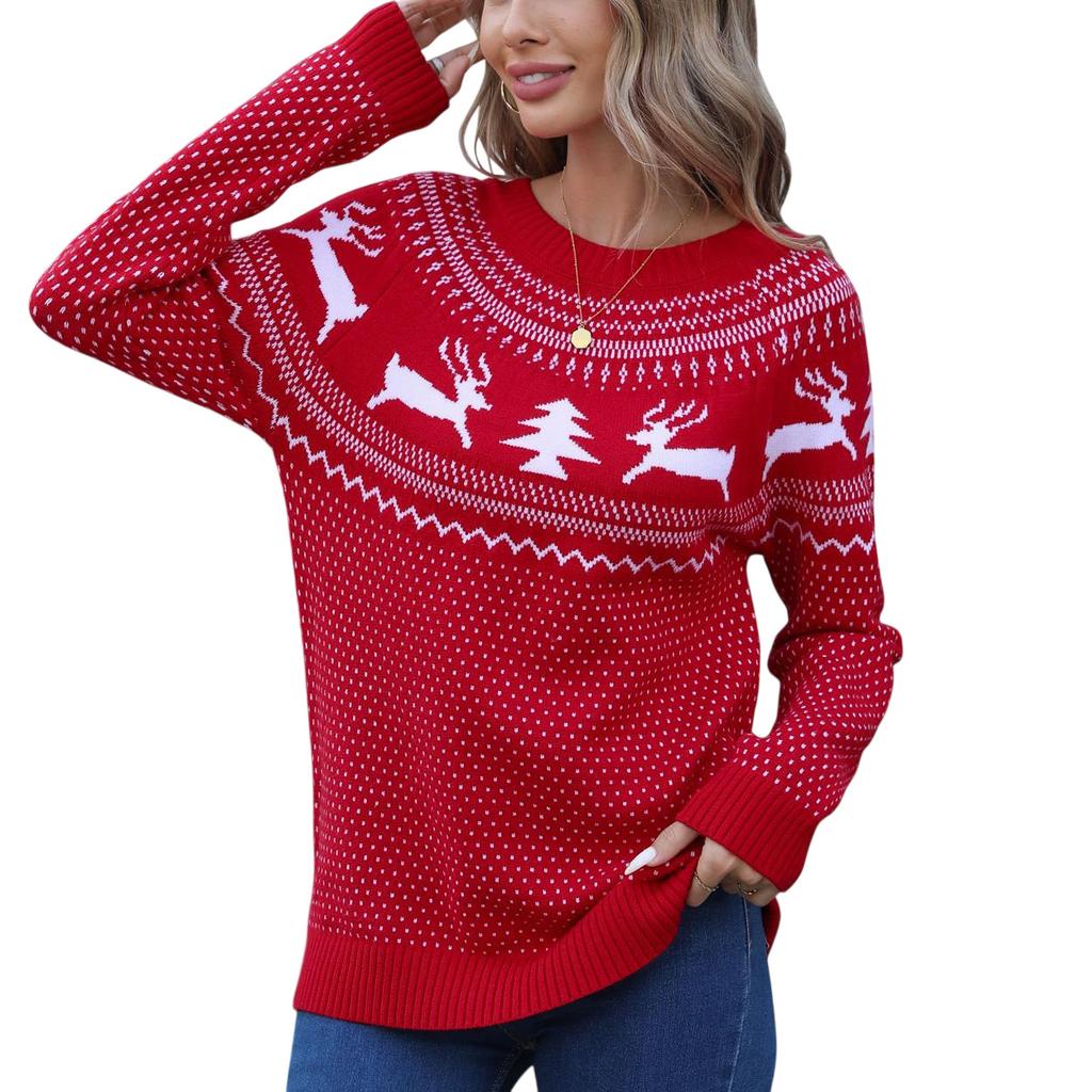 European, American Autumn And Winter Christmas Sweater Women'S Loose Knitted Jacquard Crew Neck Versatile Casual Pullover