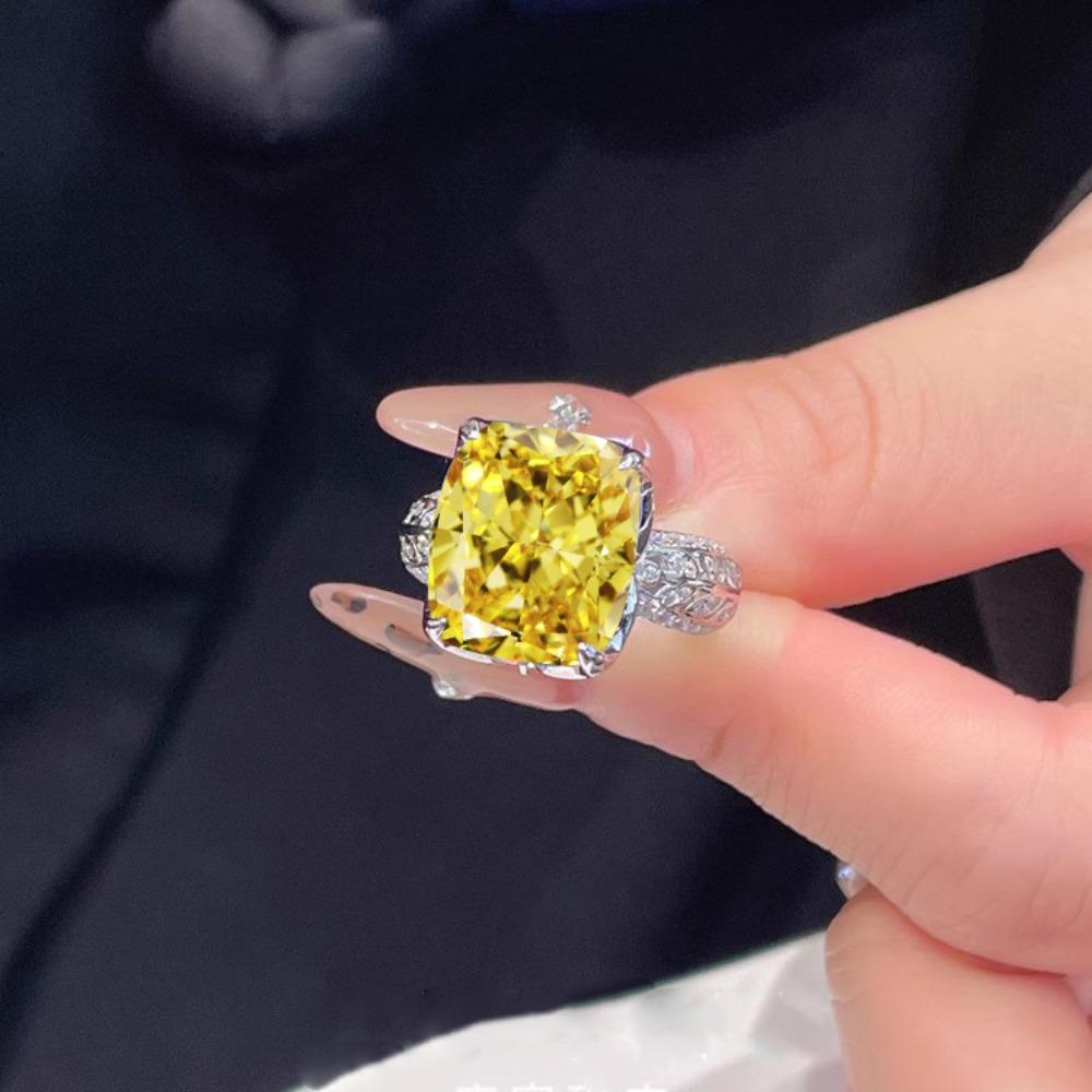 Women Rings Yellow Diamond Ice Cut Wide Rectangle Pink White High Carbon Solitaire Ring