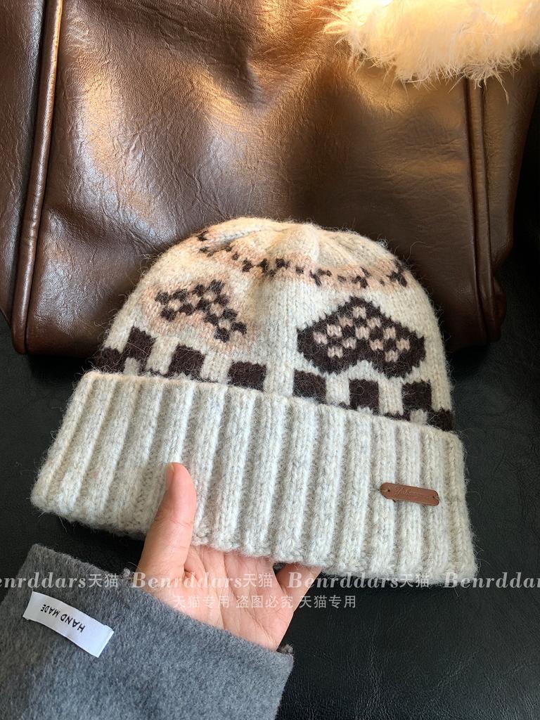 American retro color wool knitted wool hat women's season thickened warm ear protection show face small pullover cold hat