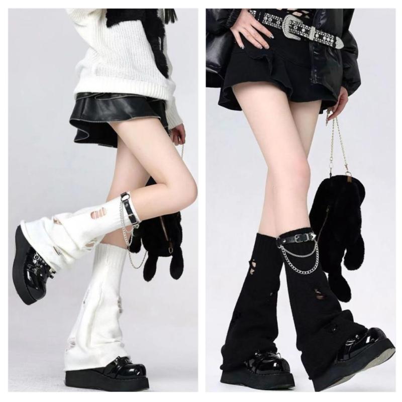 Gothic Punk Ripped Hole Knit Leg Warmers Sleeve with Chain Leather Buckled Belt Flared Boot Covers Long Socks for Women