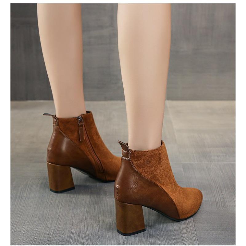 Women's Square Suede Short Boots New British Style Thick-heeled Boots Back Zipper Boots