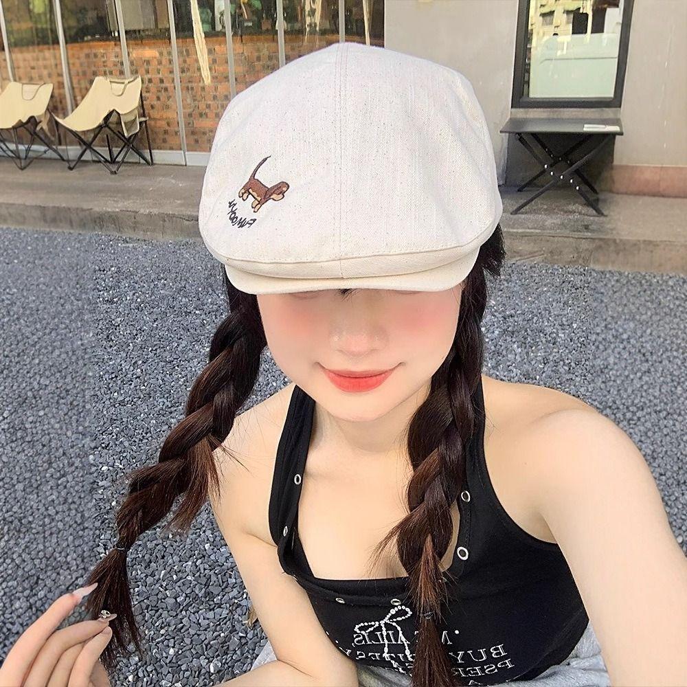 Japanese Style Cartoon Forward Hat Short Brim Painter Hat Puppy Embroidery Berets Cap Outdoor