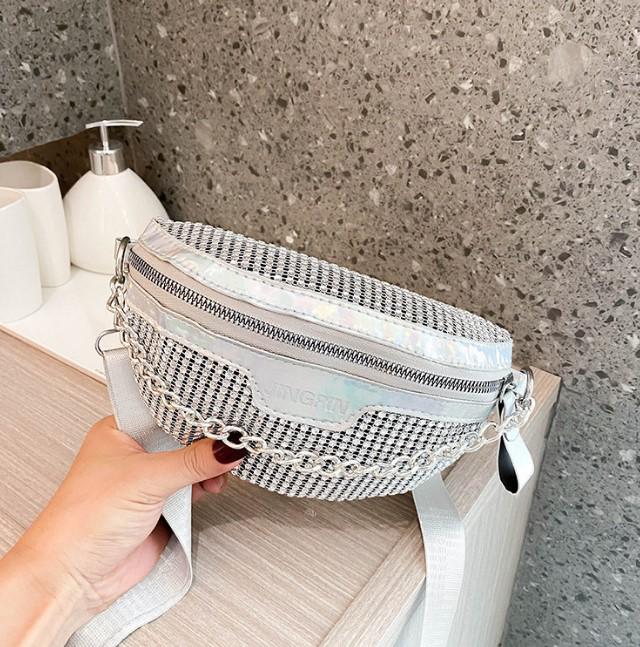 

Женская летняя 2025 года красочная поясная сумка с пайетками в корейском стиле на цепочке - одноплечевая, через плечо, маленький поясной дизайн серебряный