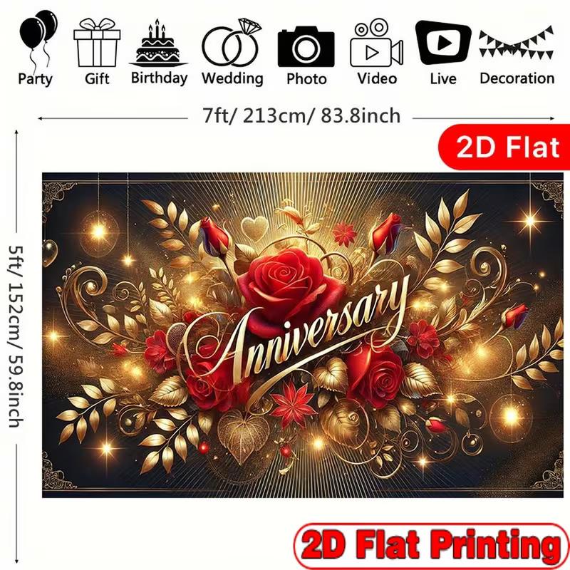 2D Red Rose Anniversary Photography Background, Black Gold Glitter Floral Wedding Decor Banner