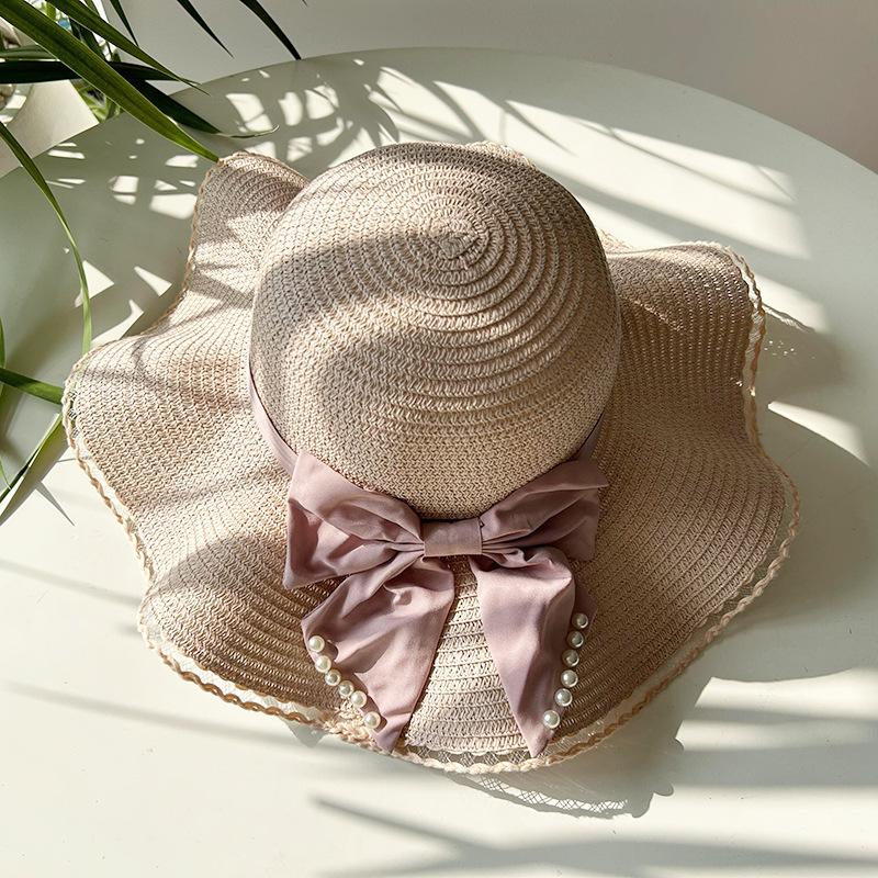

Hat Versatile Style Straw Woven Sweet Pearl Bow Womens Sunshade Hatscaps рожевий