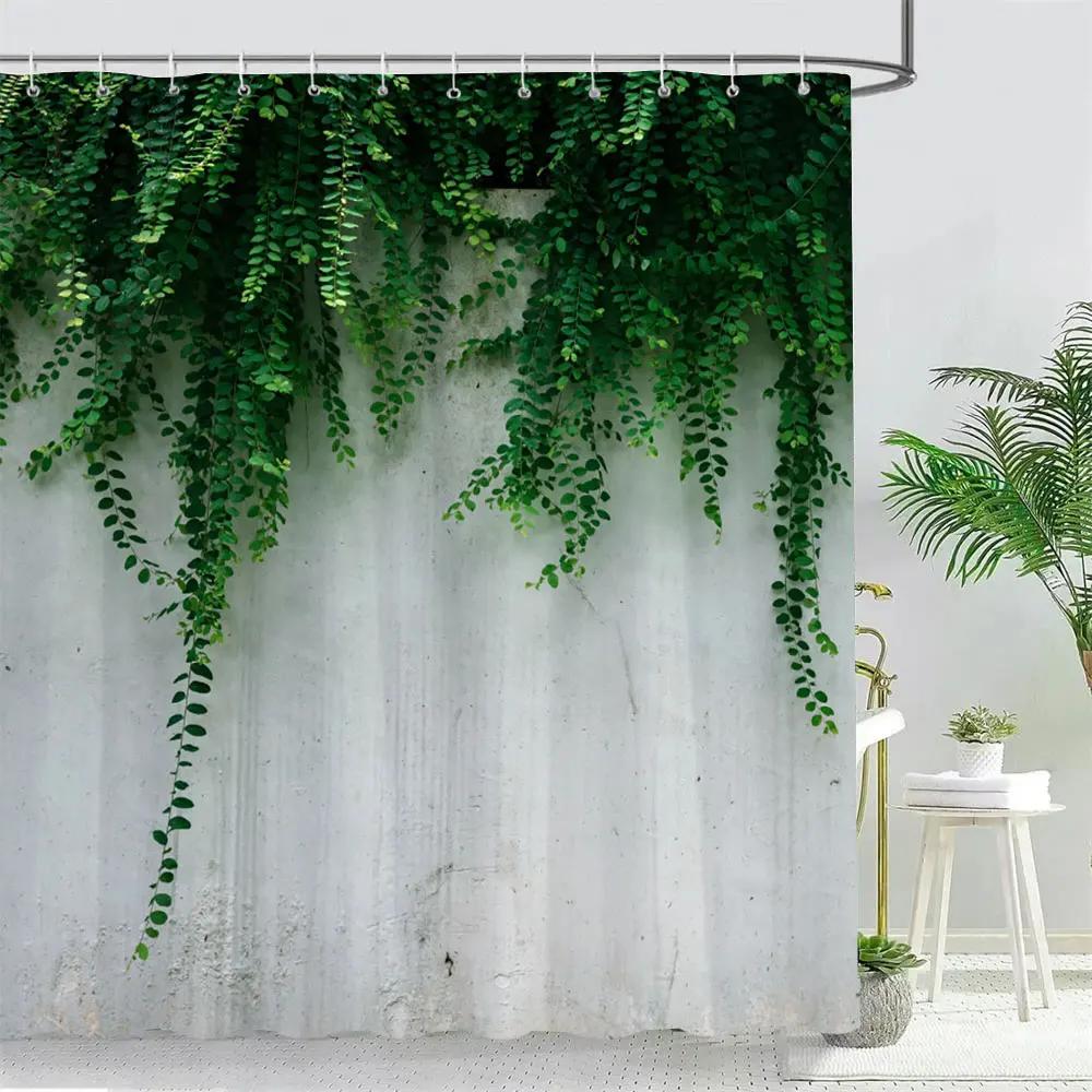 Vine Green Leaves Shower Curtain Vintage Wall Ivy Leaf Garden Plant Bath Curtains Set Polyester Fabric Bathroom Decor with Hooks