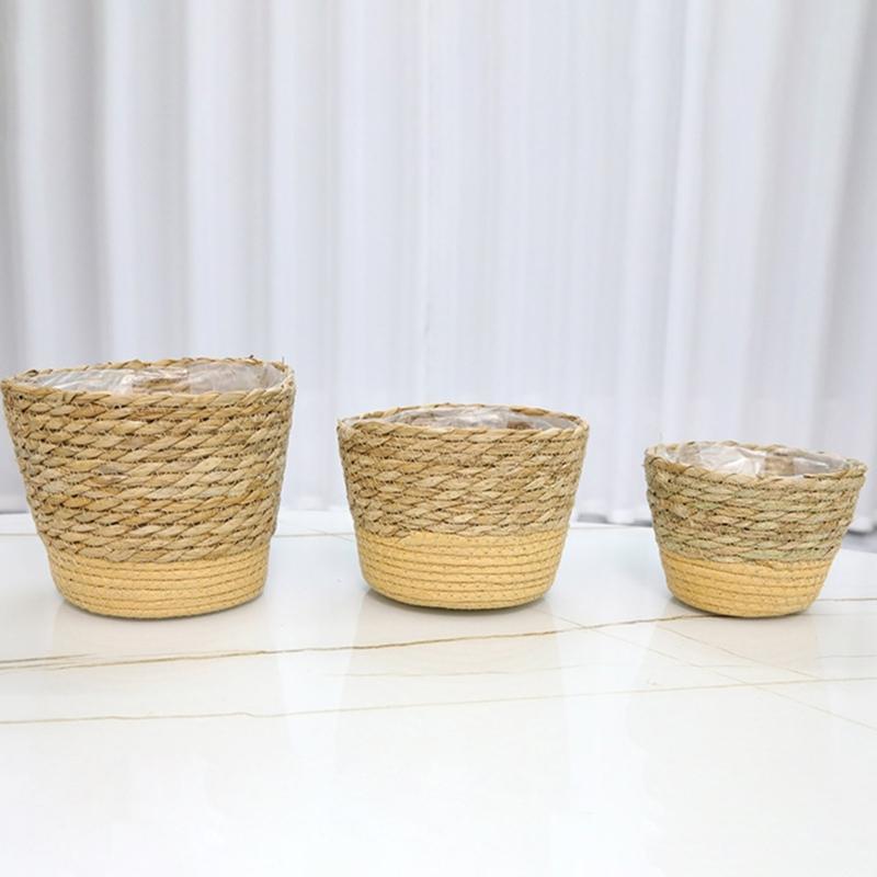 Straw Weaving Plant Pots Containers Hand Woven Plant Pots Cover Leak-Proof Garden Pots Container for Indoor Outdoor Garden