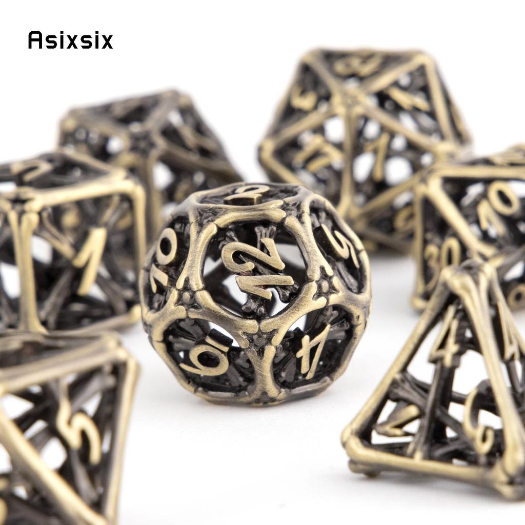 7 Pcs Yellow Bone Metal Dice Hollow Metal Polyhedral Dice Set Suitable for Role-Playing RPG  Board Game Card Game