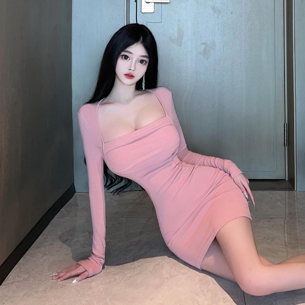 Pure desire style square neck long-sleeved dress women's autumn season new niche slim and thin hip-wrapped bottoming short skirt