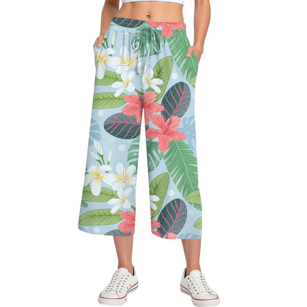 Damen Sommer Hohe Taille Bedruckte Freizeit-Sportbekleidung Lässige Cropped-Hose Weite Hose