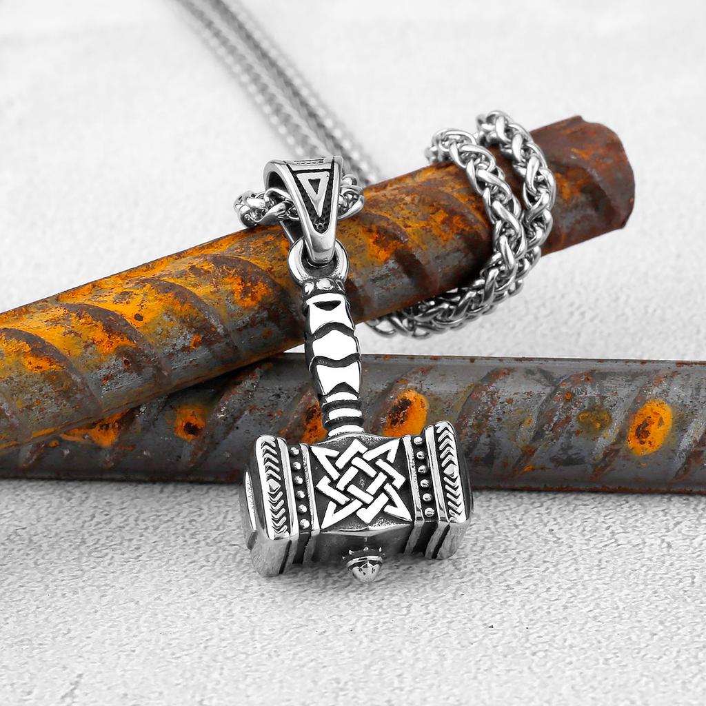 Vintage Thor Hammer Pendant Necklace for Men Stainless Steel Mjolnir Viking Jewelry with Celtics Knot Chain