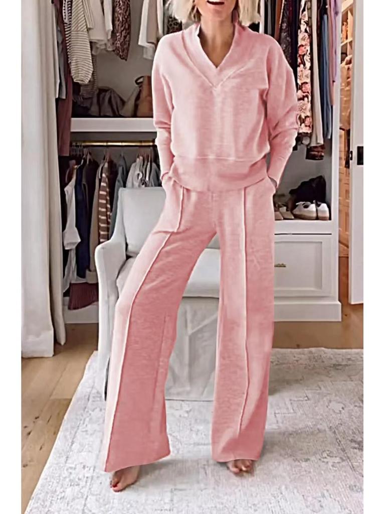 2025 Autumn/Winter V-neck Long Sleeve Loose Solid Color Women's Fashion Casual Pants Set